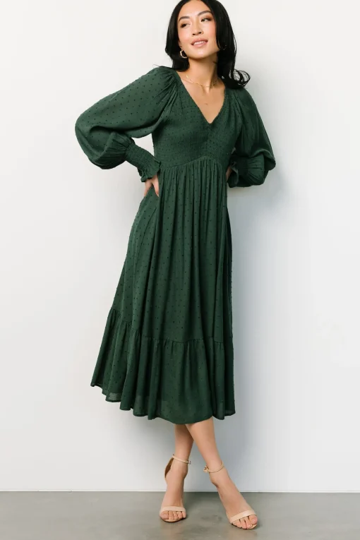 Fashion Lainey Smocked Dotted Midi Dress | midi dresses | bump friendly